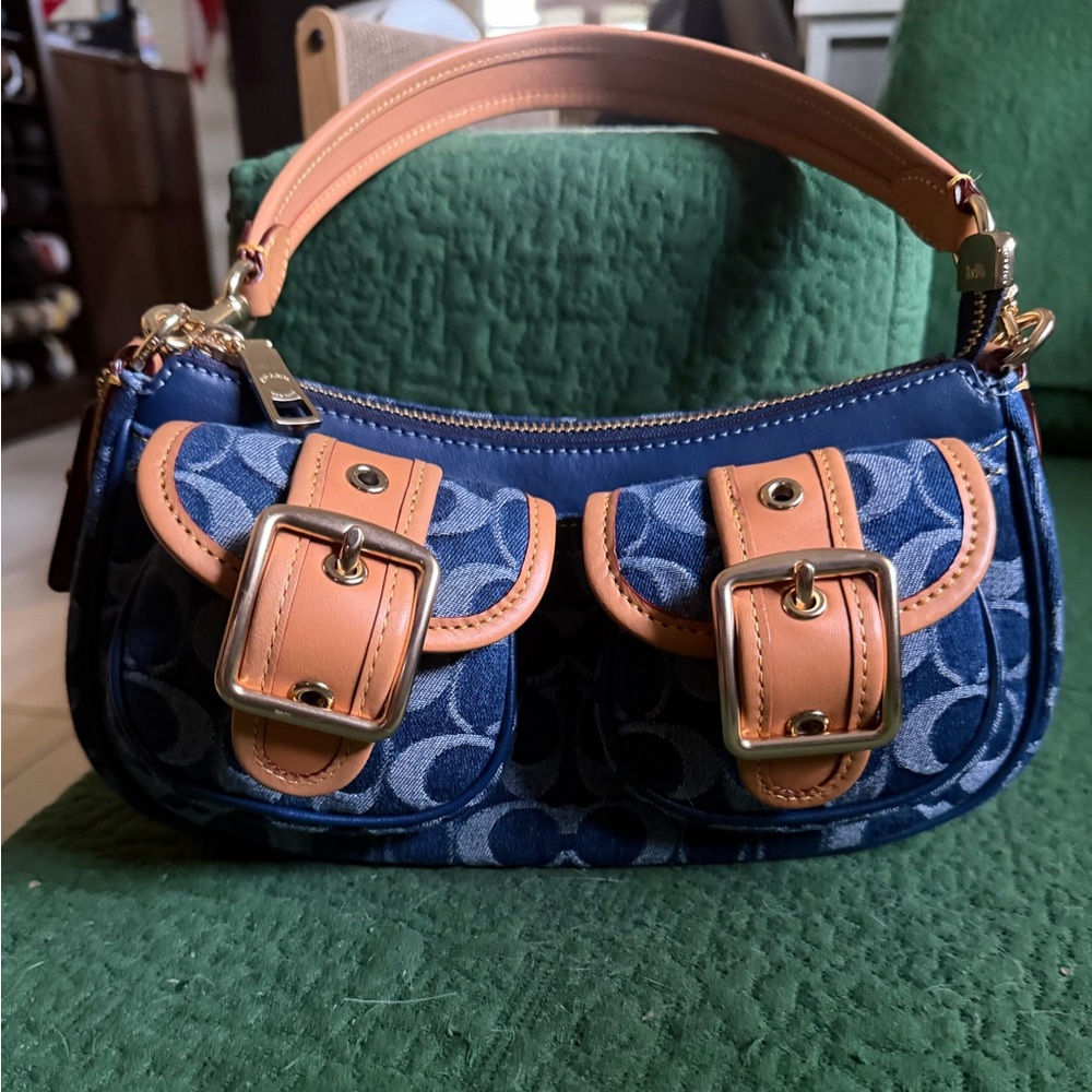 Coach Ashton Denim Signature Canvas Shoulder Bag with long strap.